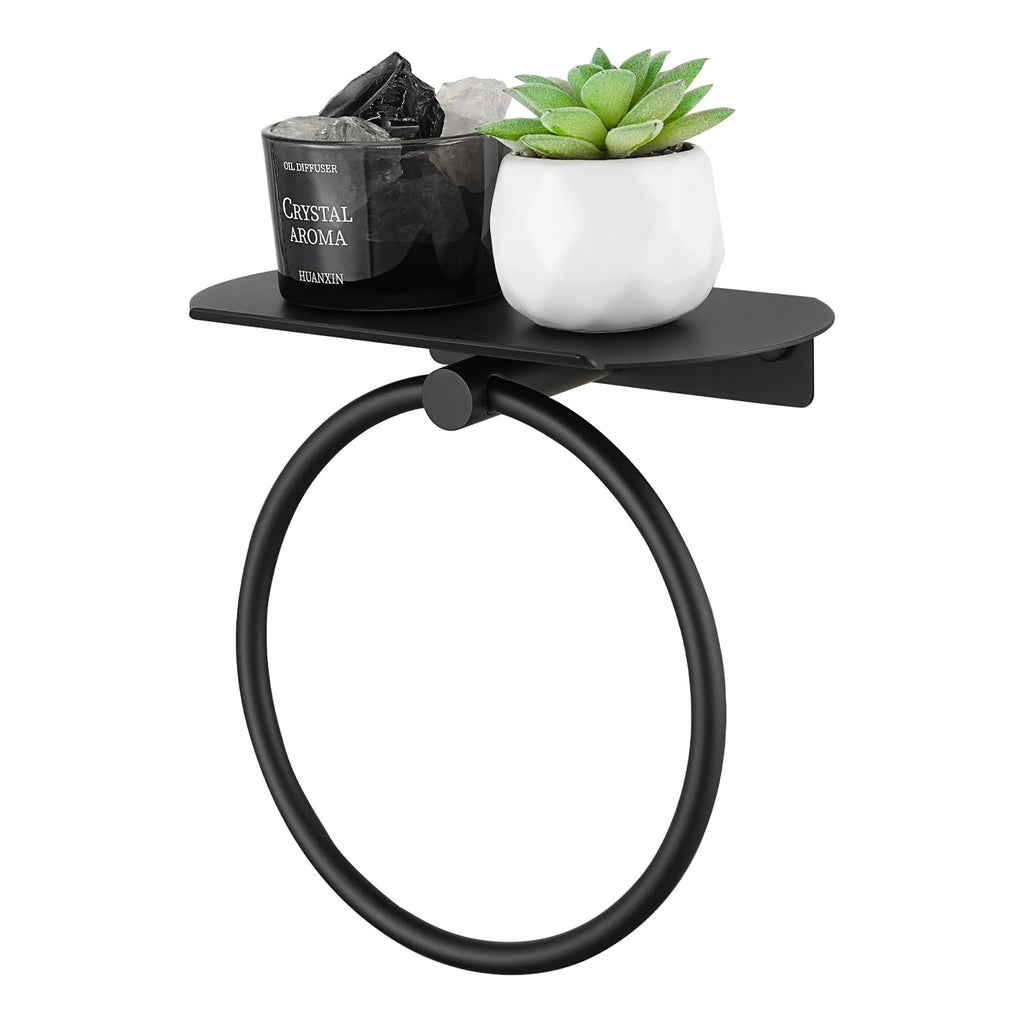 APLusee Hand Towel Ring with Shelf, Matte Black, 304 Stainless Steel