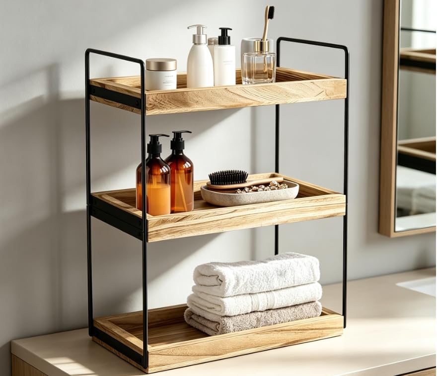 3-Tier Wood Bathroom Counter Organizer, Countertop Storage Shelf, Vanity Cosmetic Holder & Kitchen Spice Rack