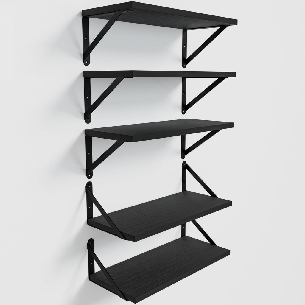 COCOYA Wall Shelves 7.3" Deep Solid Paulownia Wood (Black, Set of 2)