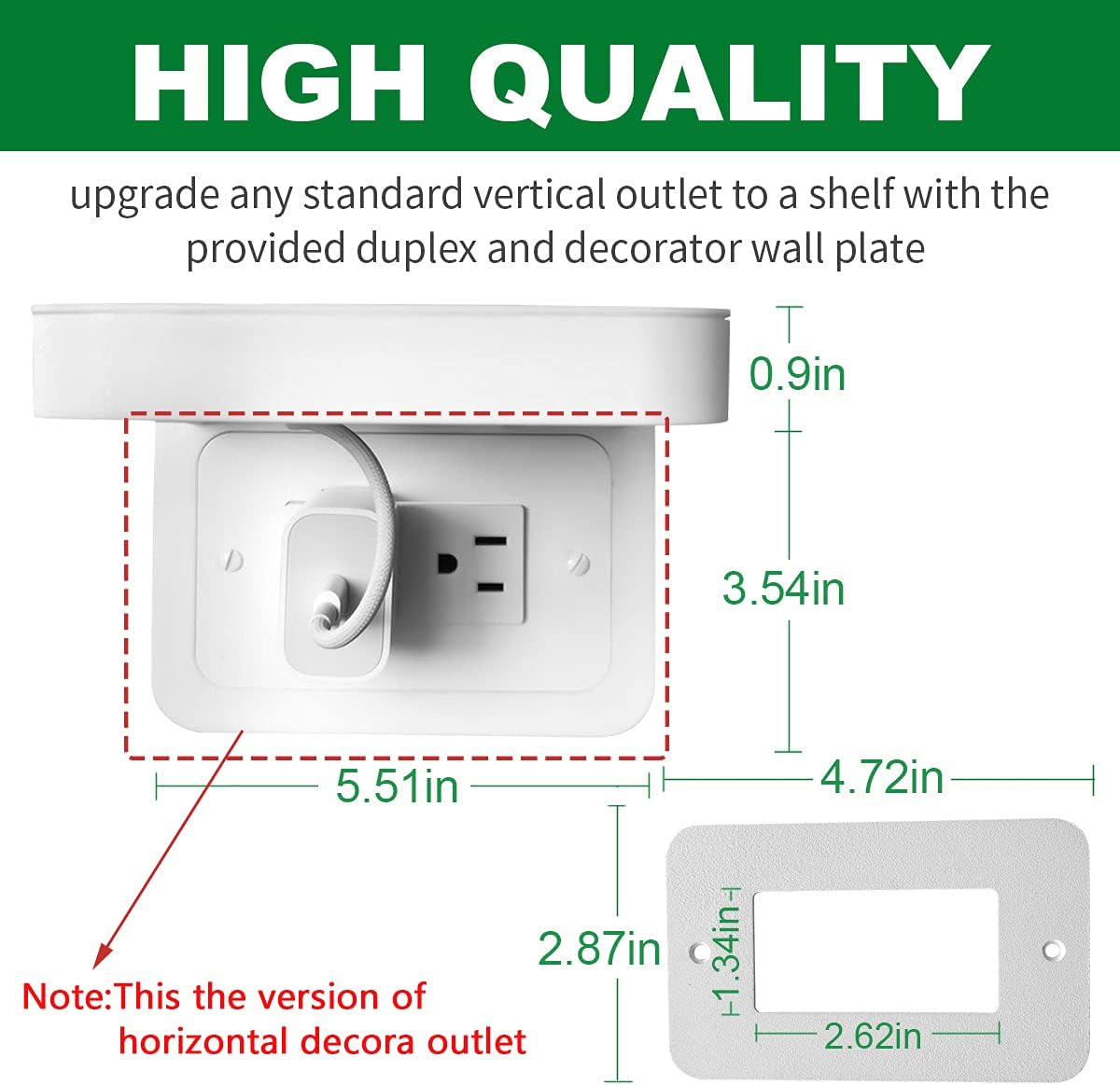 Horizontal Outlet Shelf with Cord Storage for Decorator Receptacle