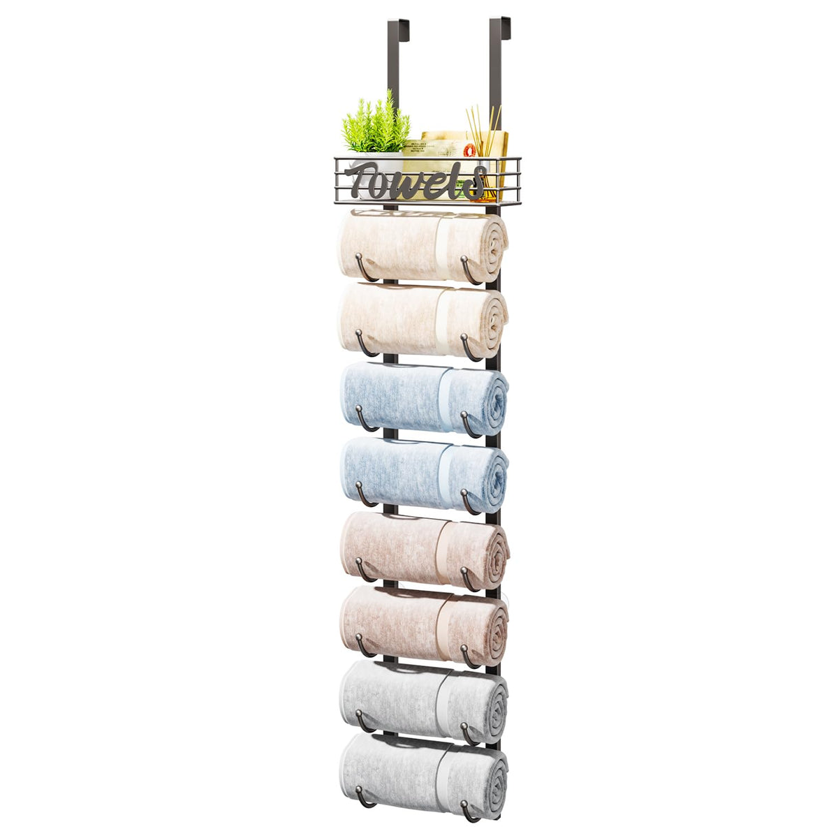HapiRm Towel Racks for Bathroom Storage - 6 Tier Over The Door & Wall Mount Rolled Towel Storage Organizer Holder with Metal Shelf Basket for Small Bathroom, Camper, Rv - Black, Patented
