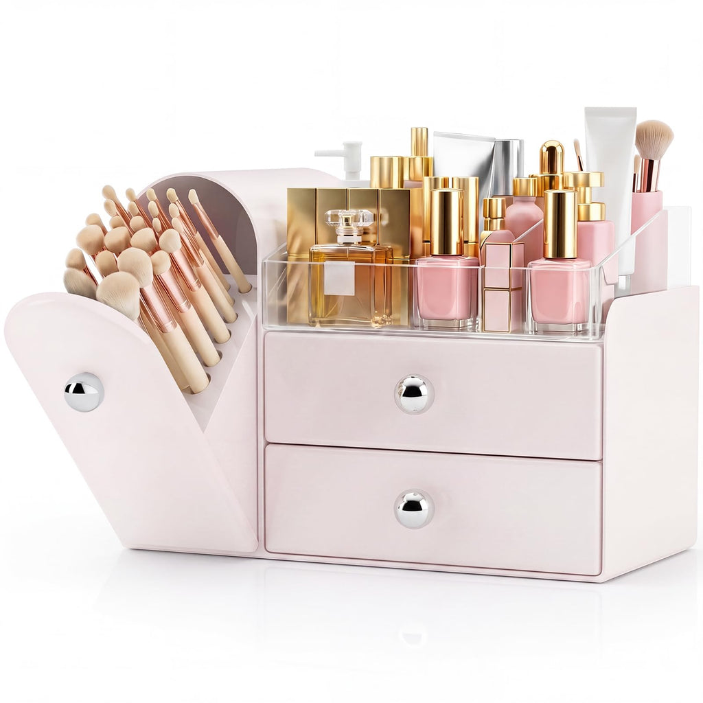Makeup Organizer Countertop with Makeup Brush Holder,White