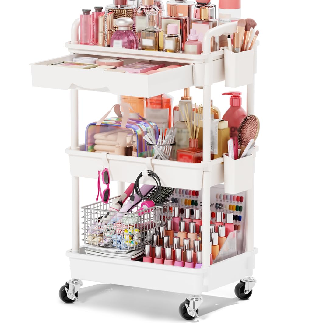 Goovilla Rolling Makeup Organizer Cart with Removable Drawer, 3 Tier Pink