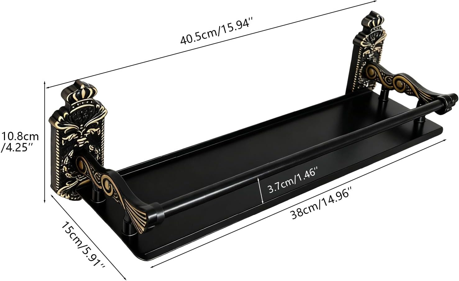 Vintage Bathroom Shelves Wall Mounted with Metal Railing ，Storage Shelves for Bathroom, Kitchen, Living Room & Bedroom (Antique Black, 15.7 Inches)