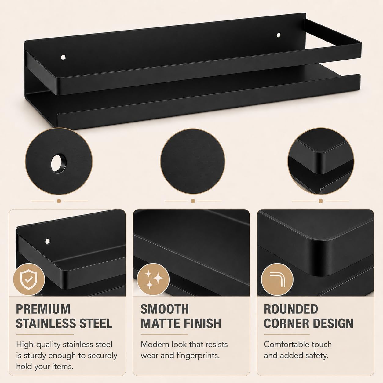 Shower Floating Shelves, Wall-Mounted Caddy, 15.75 in, 2 Pack Black
