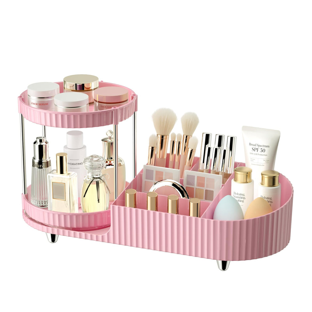 Makeup Organizer Countertop for Vanity, Rotating Perfume Tray with 5-compartment Cosmetic and Skincare Organizers, Multi-Purpose Desk Storage Makeup Brush Holder for Bathroom Bedroom Counter