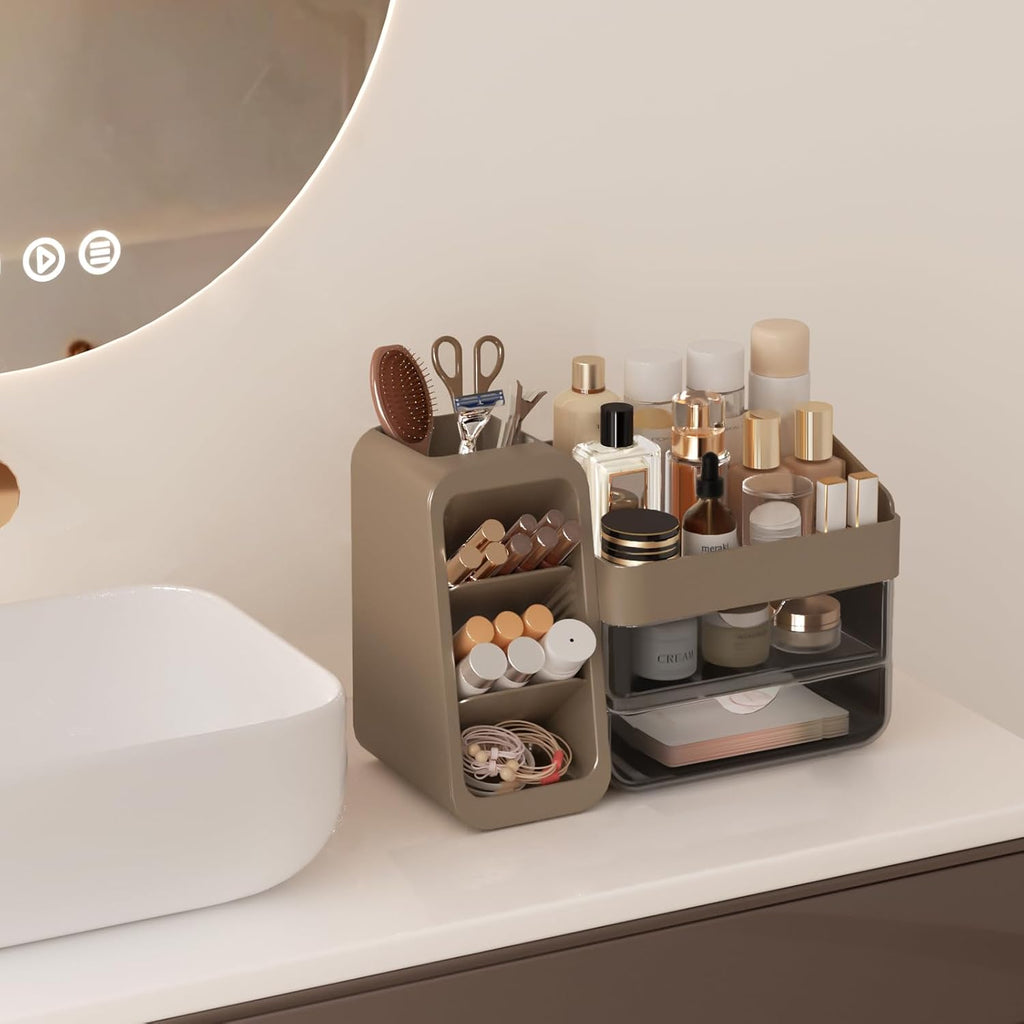 Countertop Makeup Skincare Organizer with Adjustable Brush Holder, Taupe