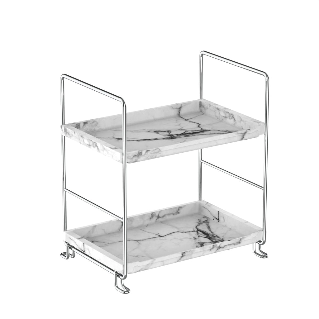 2-Tier Bathroom Organizer Countertop Perfume Makeup Shelf Cosmetics Storage Shelf Display Rack Vanity Dresser,Kitchen Spice Rack,Plastics Imitation Marble Design,Tool-Less Install(Sliver)