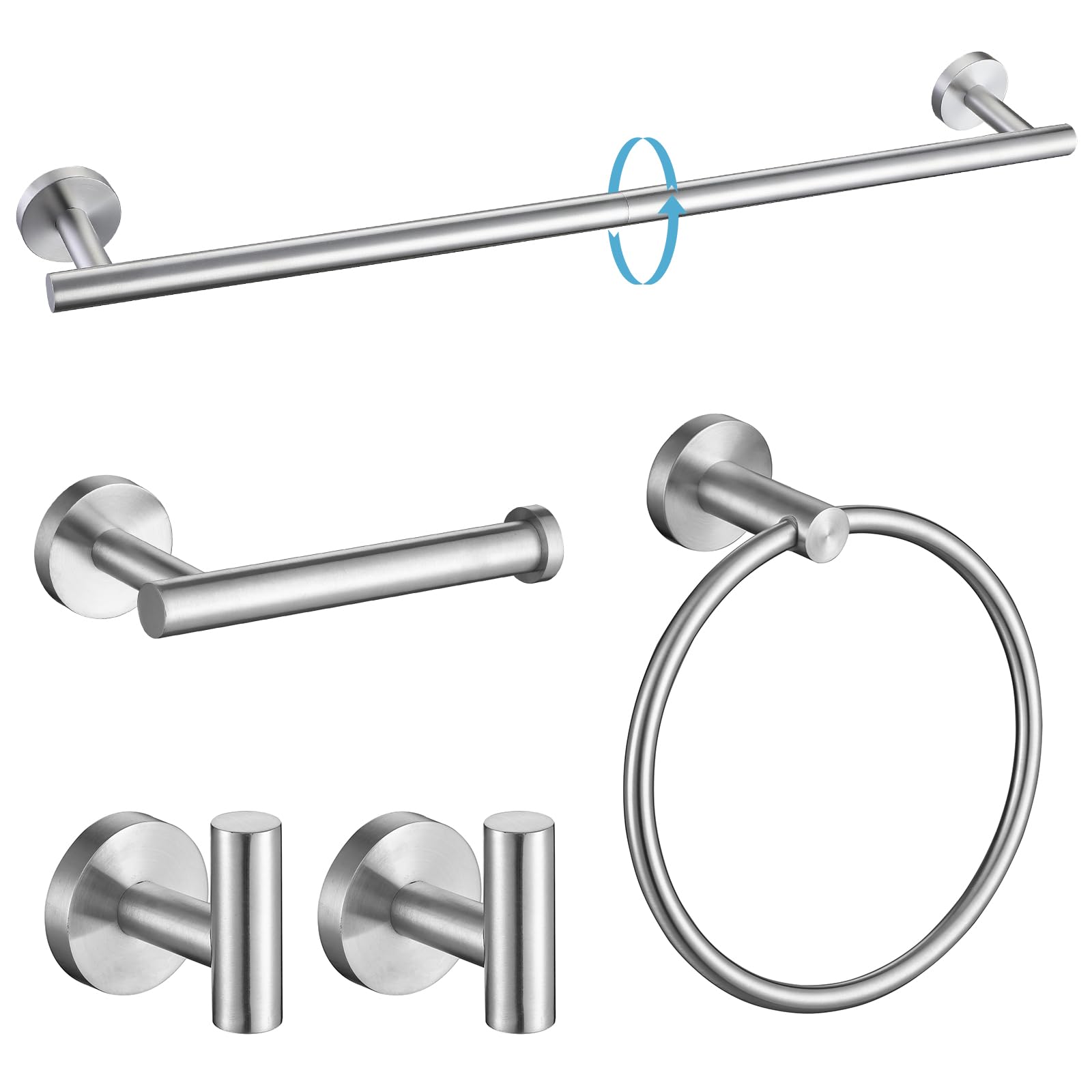 TURS Brushed Gold 5 Piece Bathroom Hardware Set, SUS304 Stainless Steel 24 Inch Bath Towel Bar Set, Round Bathroom Accessories Kit Wall Mounted