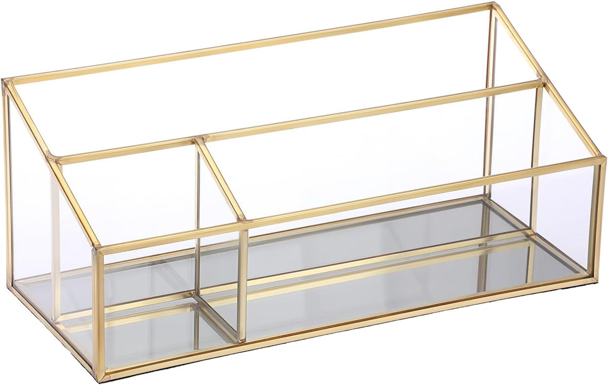 Hipiwe Vintage Gold Makeup Organizer, Mirrored Glass 3 Slots Vanity Holder
