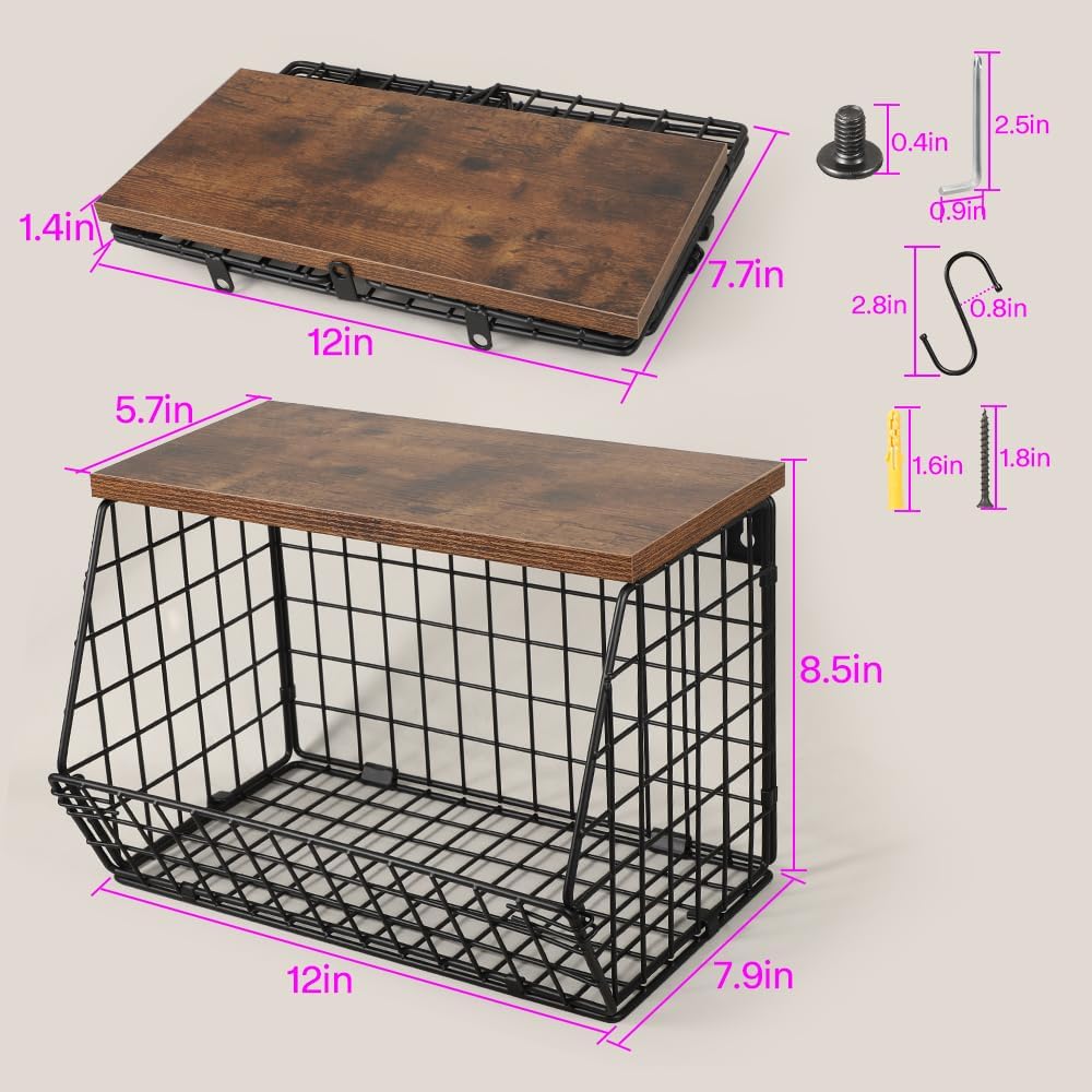 Picowe Laundry Room Shelves Wall Mounted, Metal Basket with Wood Lid (S)