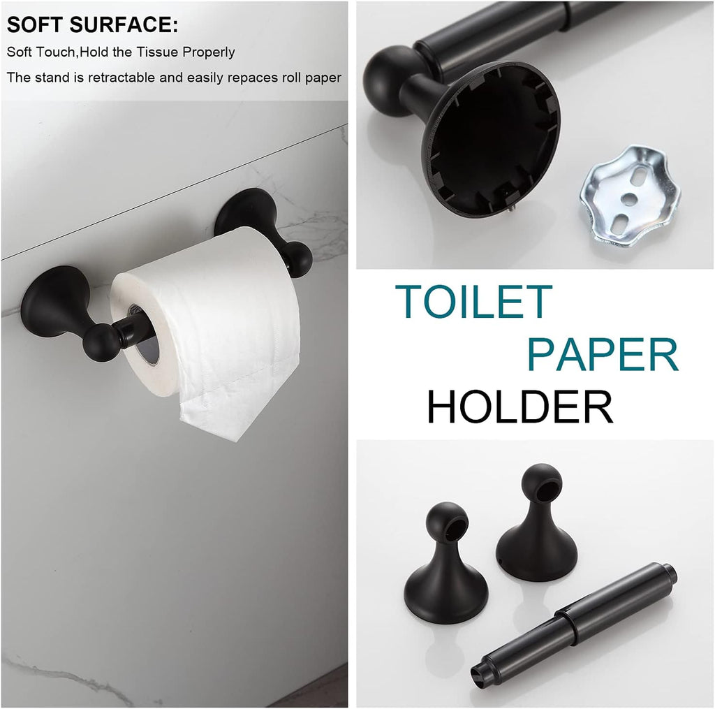 BGL Bathroom Accessory Set, Matte Black Adjustable Expandable Towel Bar 4-Piece Bathroom Hardware Set Wall Mounted Robe Hook Toilet Paper Holder Towel Ring Towel Bar