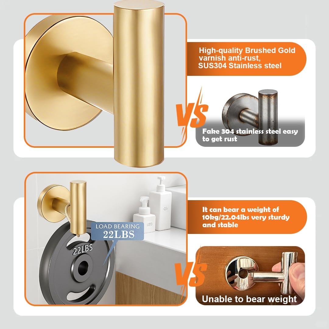 5 Pieces Bathroom Hardware Accessories Set Brushed Gold, 24Inch Bathroom Towel Rack Set SUS304 Stainless Steel, Round Toilet Paper Holder with Shelf Heavy Duty, Wall Mounted