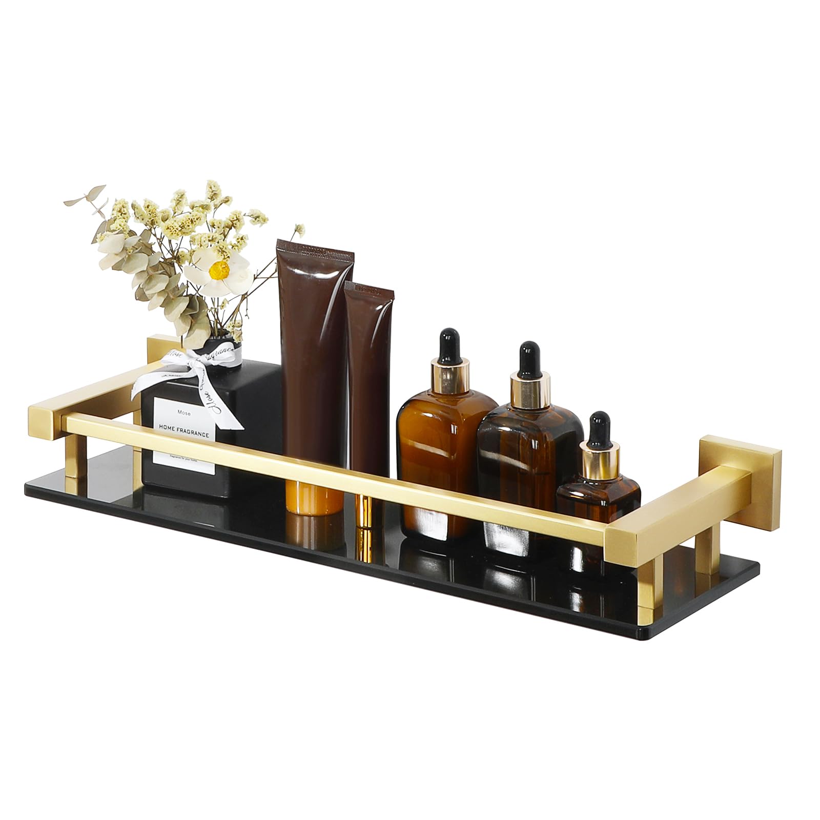 Alise Glass Shelf for Bathroom 16 Inch, Brushed Nickel Floating Glass Shelf