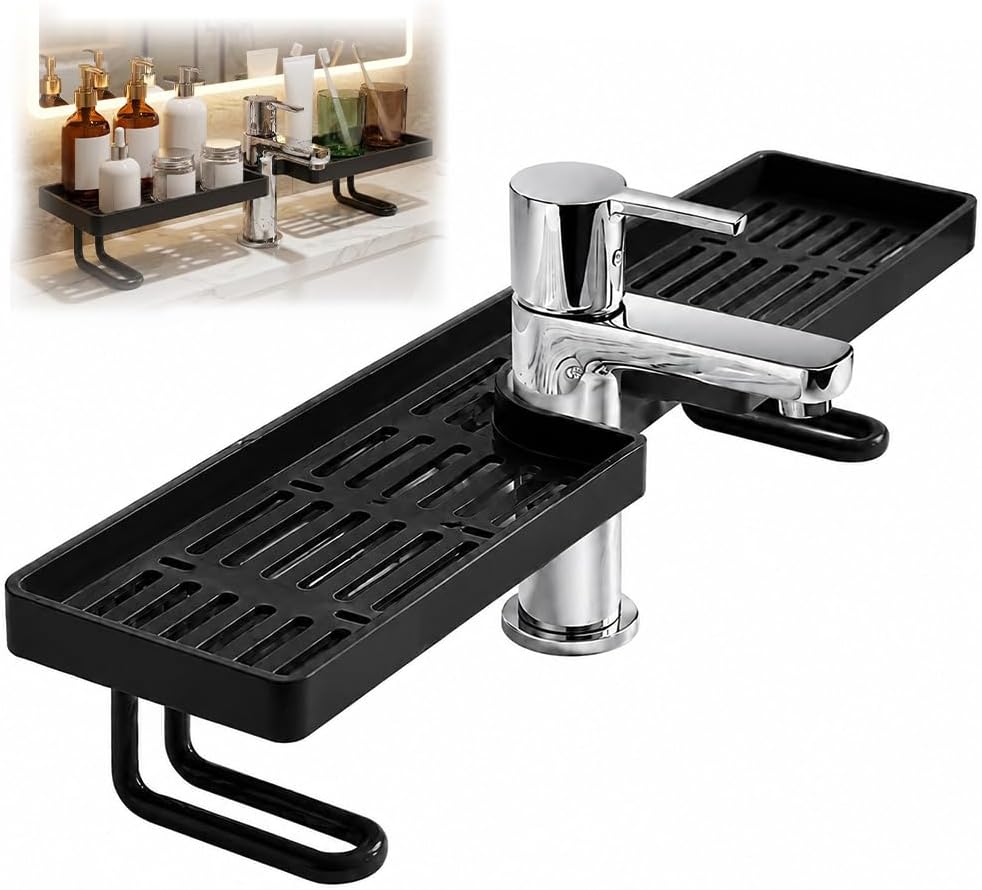 Bathroom Sink Shelf Over Faucet-Faucet Storage Shelf,No-Drill Kitchen Sink Sponge Holder & Drain Rack,Kitchen Bathroom Countertop Organizer Above Sink Drain Rack (BLACK)