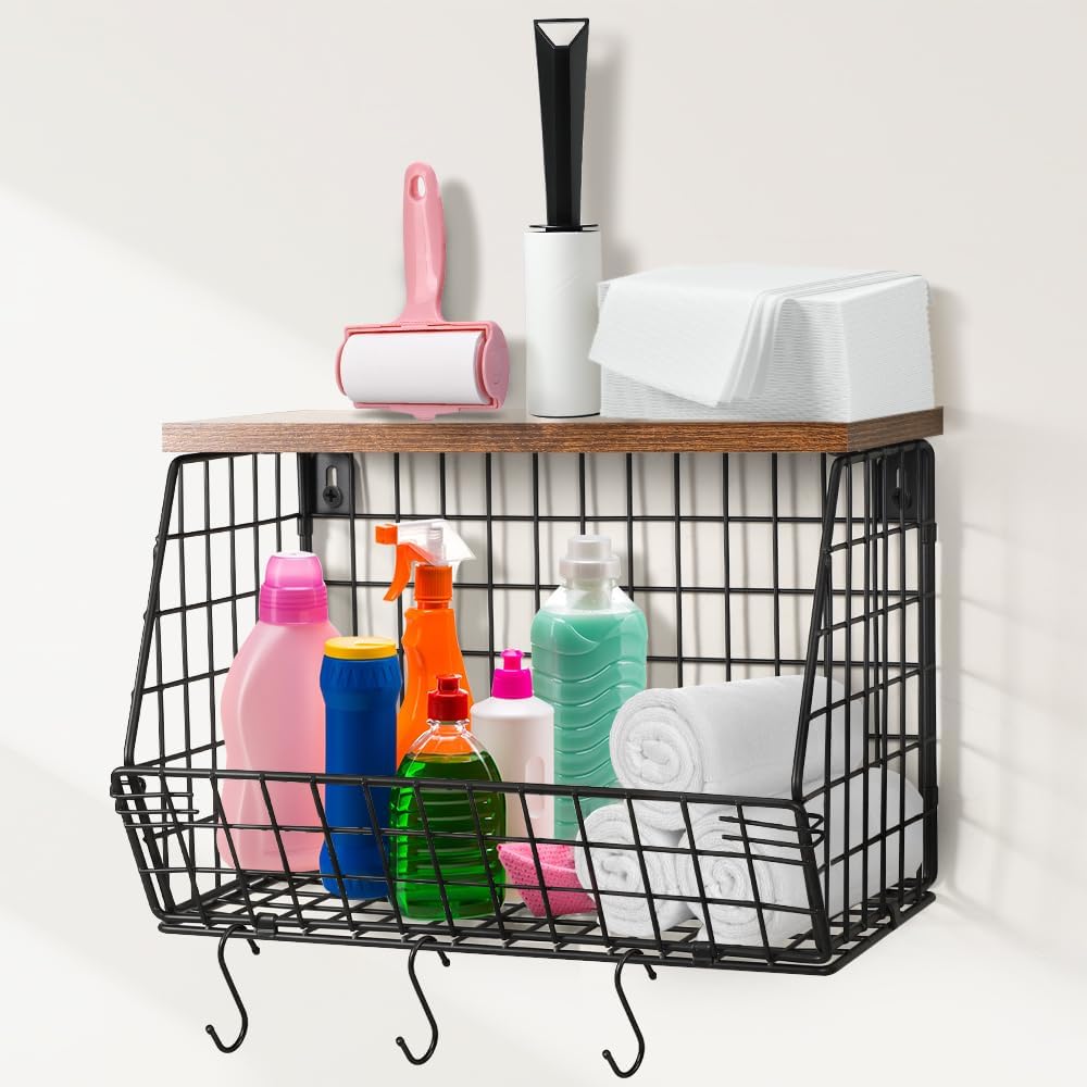 Picowe Laundry Room Shelves Wall Mounted, Metal Basket with Wood Lid (S)