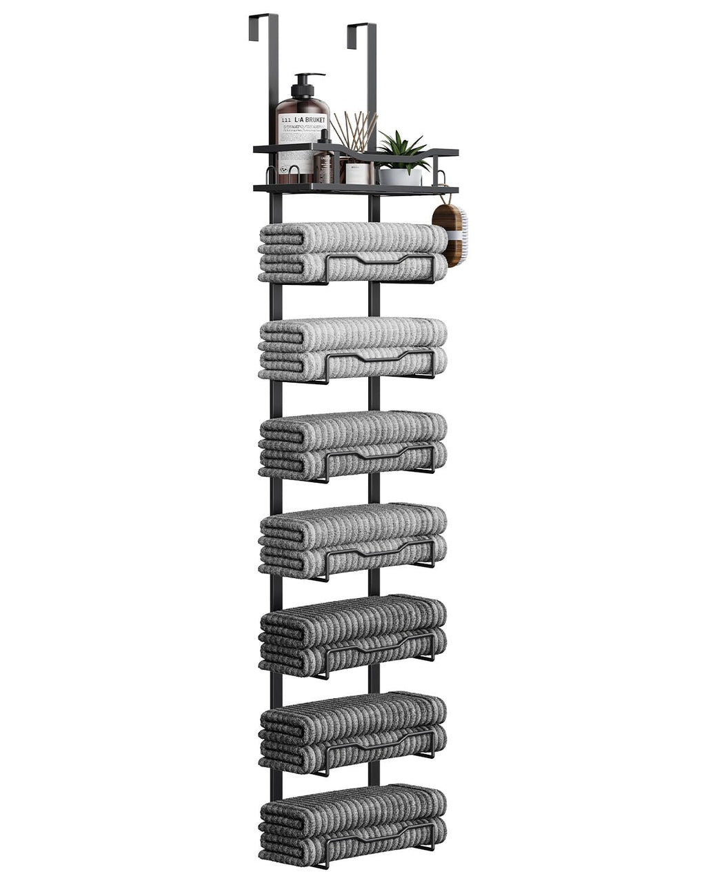 Aetyord Hanging Towel Racks for Bathroom No Drill - 6-Tier Over The Door Bath Towel Storage Organizer for Small Bathrooms - Tiered Back of Door Towel Holder Hanger for Rolled Towels RV Camper Black