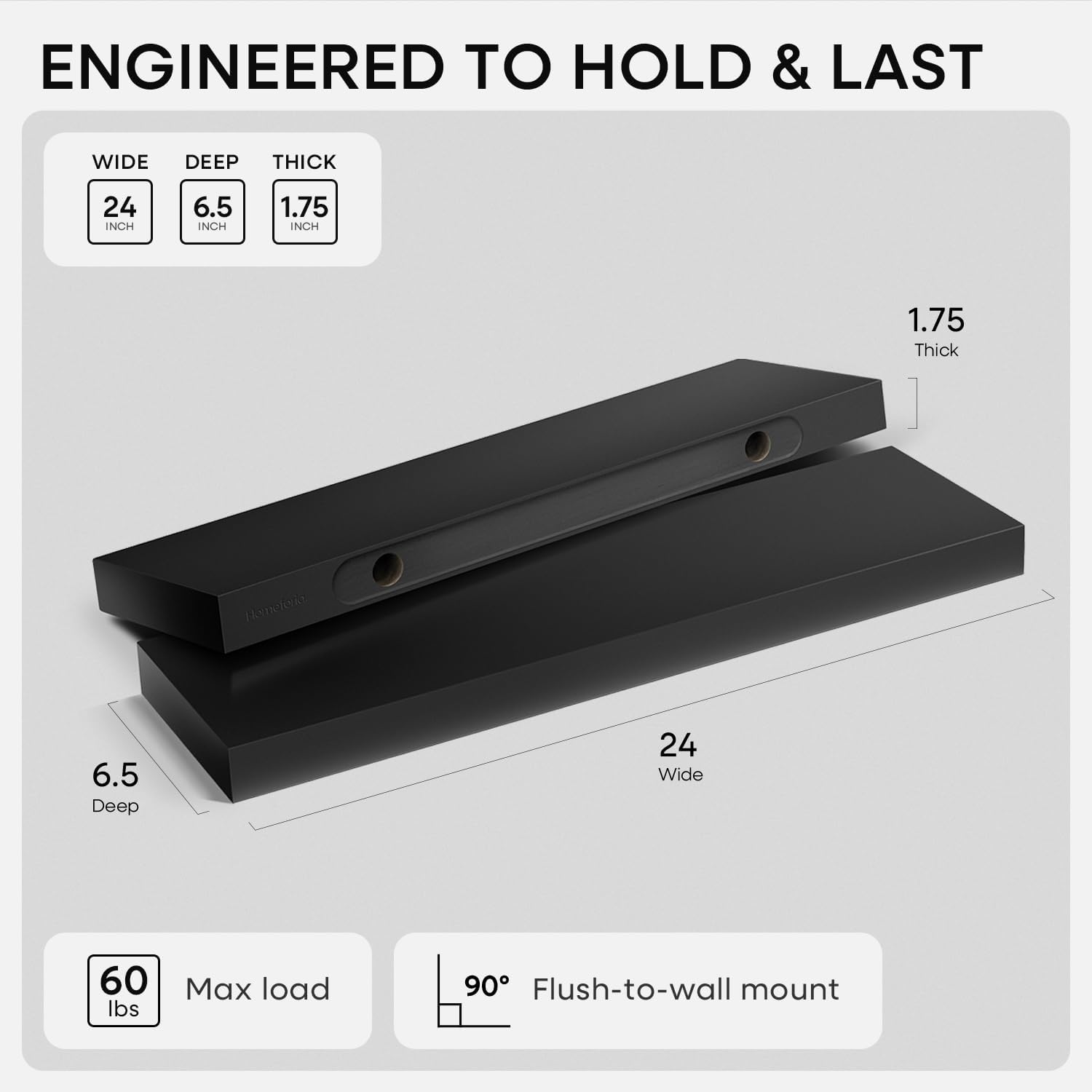 Homeforia 24 Inch Floating Shelves, High-End Solid Pine Wood, Set of 2