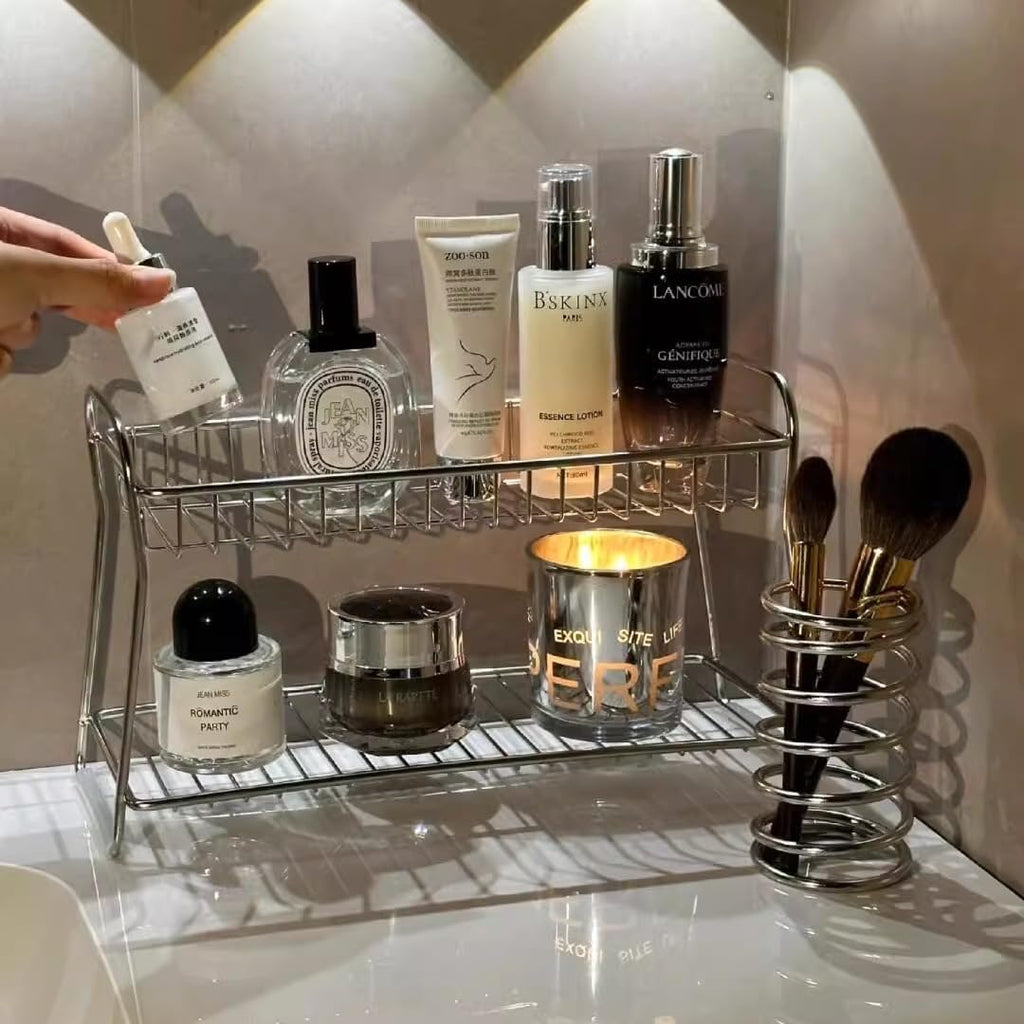 Stainless Steel Bathroom Organizer, Sink Shelf Storage Rack for Vanity, Cosmetics & Toiletries, Waterproof Standing Shelf and Toothbrush Holder (3)