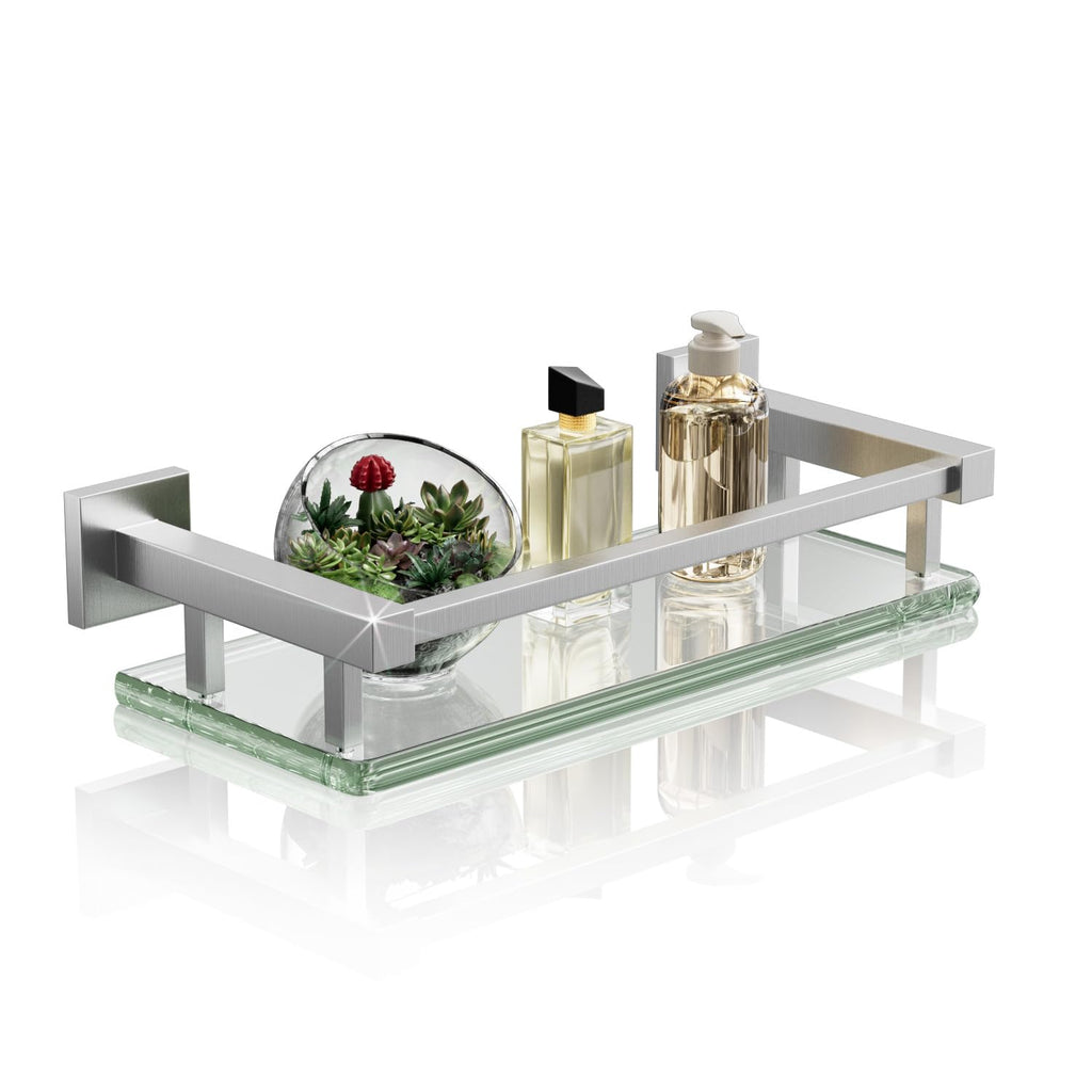 Alise Glass Shelf for Bathroom 16 Inch, Brushed Nickel Floating Glass Shelf