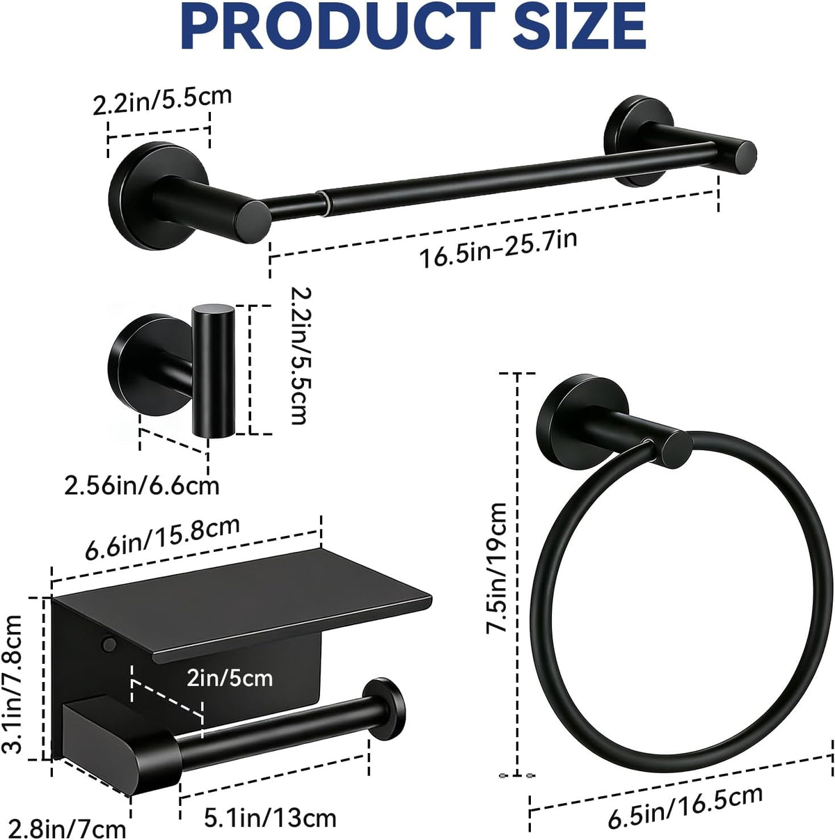 5Pcs Bathroom Hardware Set, Matte Black Bathroom Accessories Set with 24" Towel Bar, Upgraded Toilet Paper Holder with Shelf, Towel Ring & 2 Robe Hooks, Wall Mounted Stainless Steel Bath Hardware Set