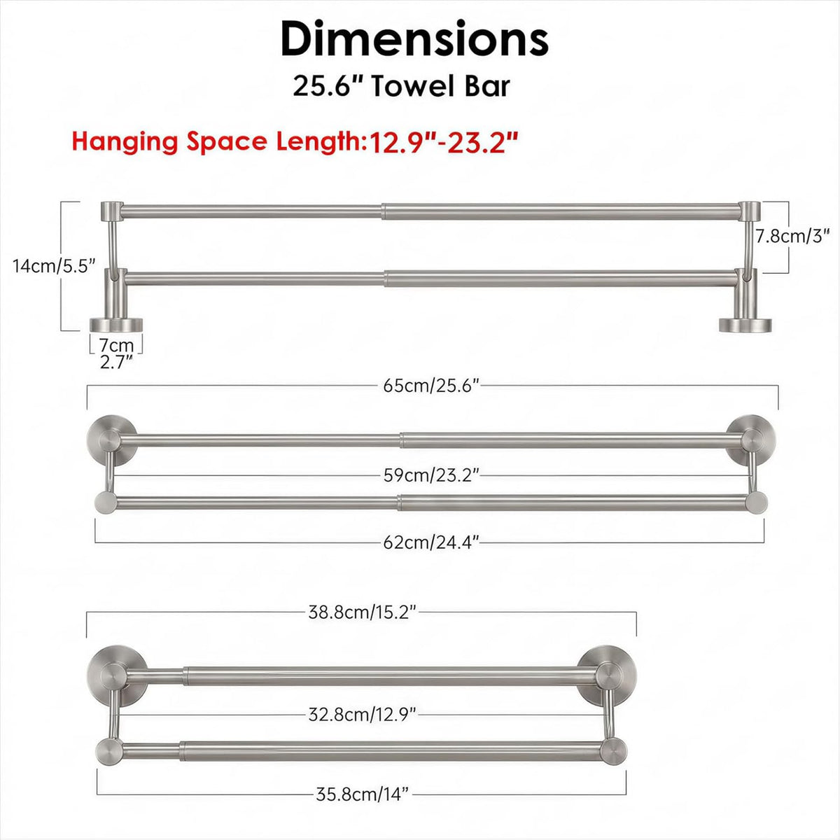 BESy Double Towel Bar Towel Rack for Bathroom Wall Mounted Brushed Nickel