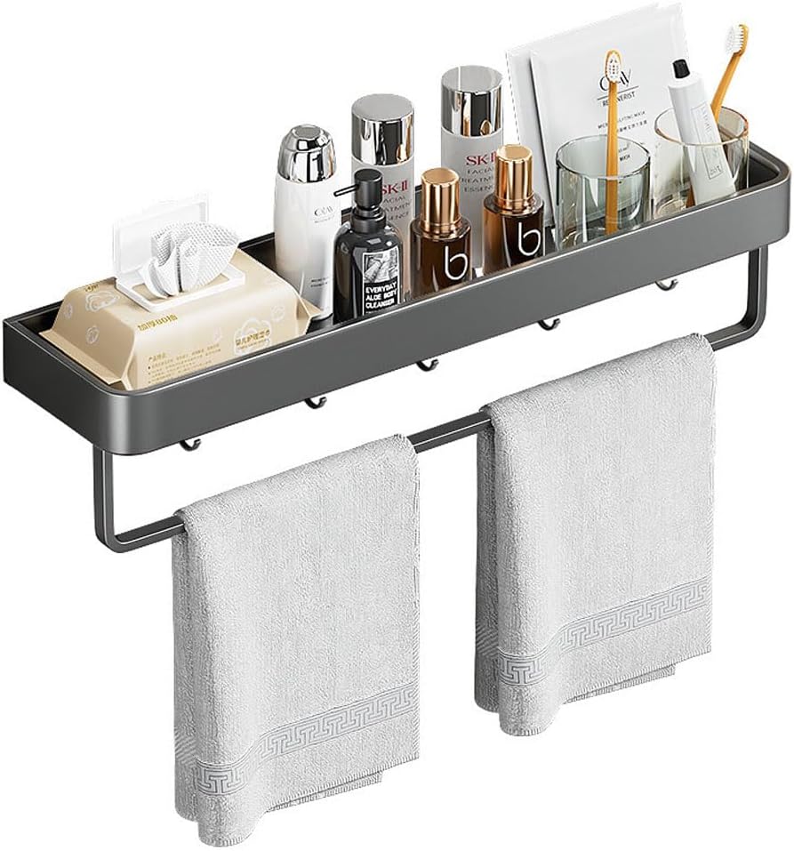 Wall Mounted Bathroom Shelves, 2-Tier Floating Shelf with Removable Hooks, Bathroom Wall Organizer(Gray)