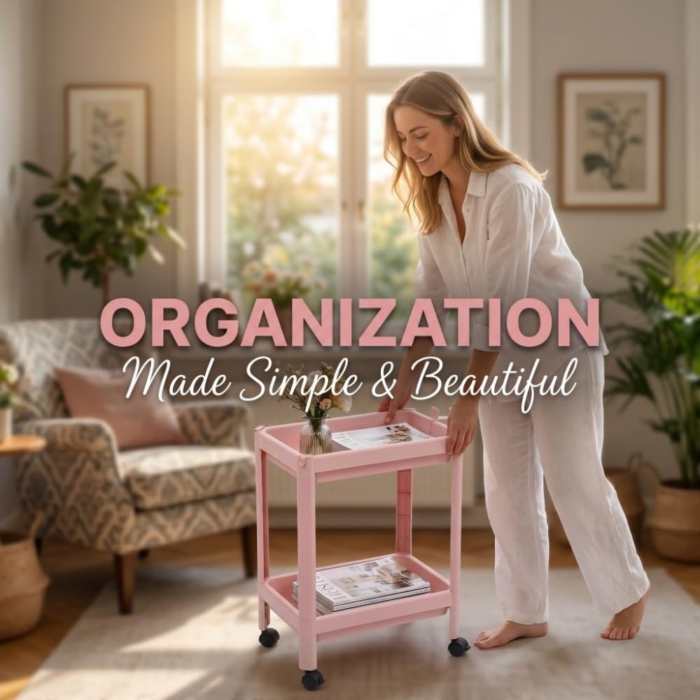 Bathroom Floor Storage Shelf, 2-Tier Pink Plastic Freestanding Shelf Unit with Wheels, Narrow Corner Rack for Bathroom Kitchen