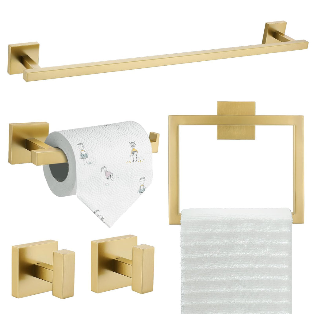 TQKAG 5-Pieces Brushed Gold Bathroom Hardware Accessories Set 23.6" SUS304 Stainless Steel Towel Bar Set Wall Mounted Square Toilet Paper Holder with Shelf