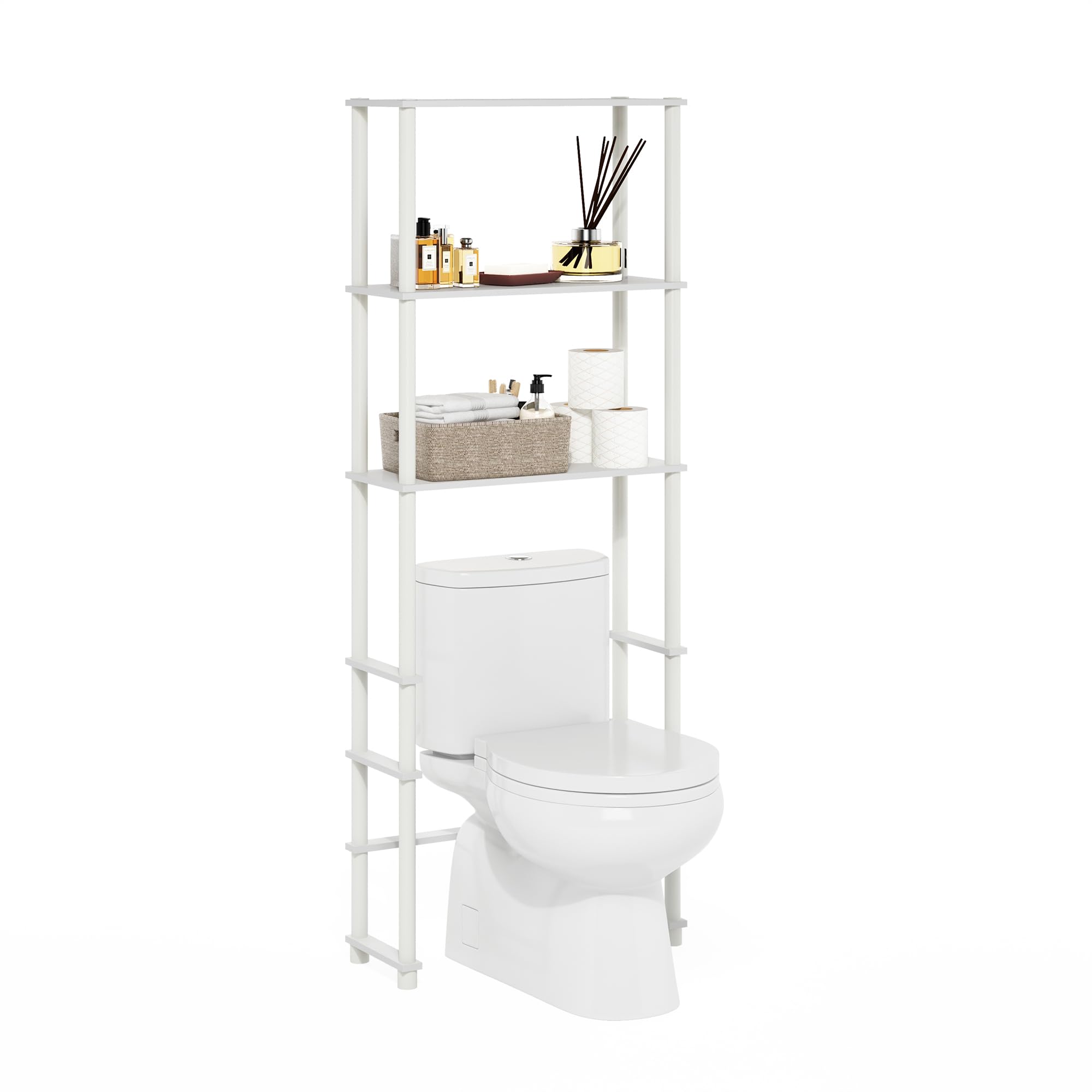 Furinno Turn-N-Tube Over The Toilet Storage, 3-Shelf Over The Toilet Organizer, Freestanding Space Saver Bathroom Shelf, for Bathroom Organizers and Storage, White