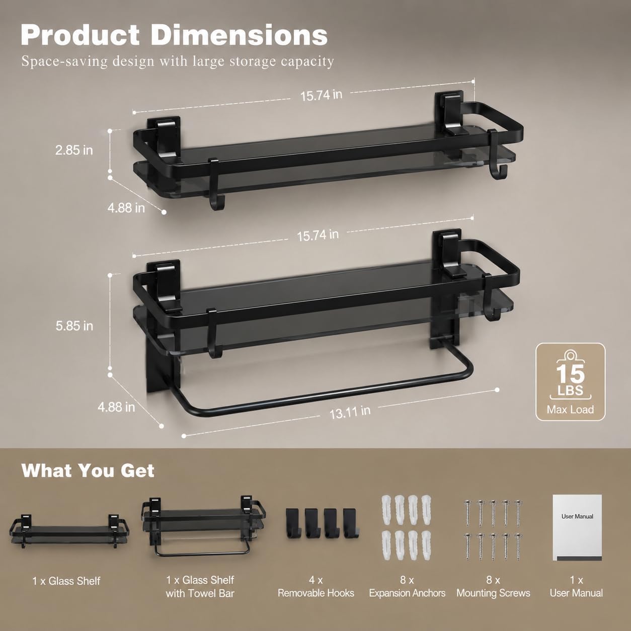 VOLPONE Glass Shelf for Bathroom 15.7 in Black Bathroom Shelves Wall Mounted Tempered Glass Shelving with 4 Removable Hooks (2 Tier)