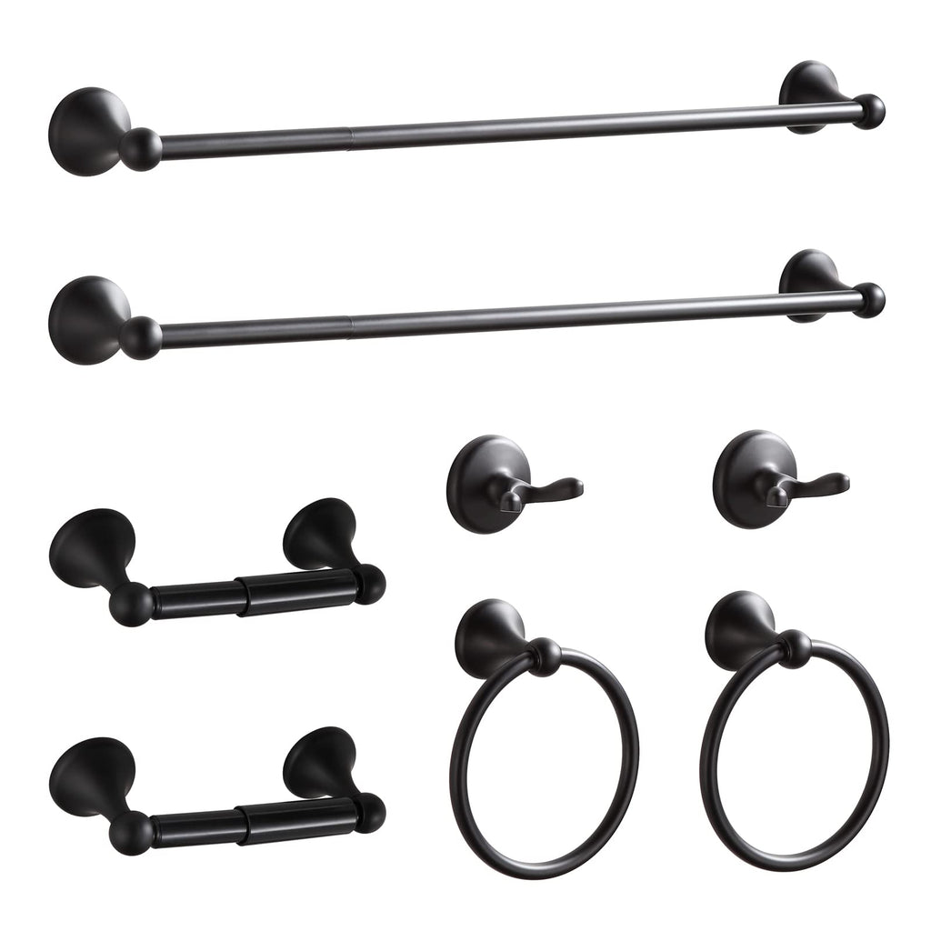 BGL Bathroom Accessory Set, Matte Black Adjustable Expandable Towel Bar 4-Piece Bathroom Hardware Set Wall Mounted Robe Hook Toilet Paper Holder Towel Ring Towel Bar