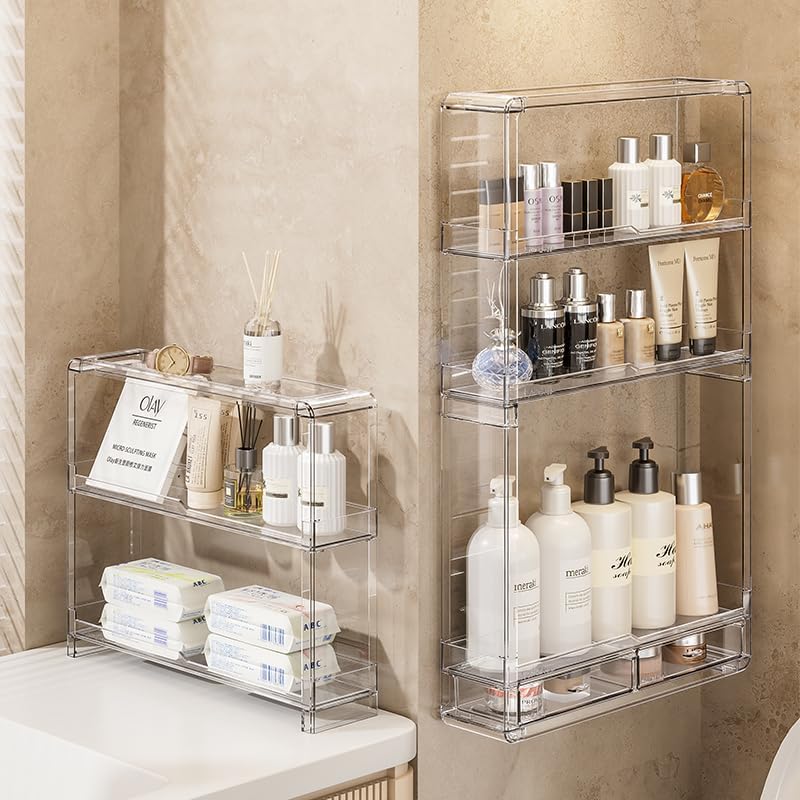 BOHOIDEE 3 Tiers Wall Acrylic Display Shelves with 2 Division Boards, Large Capactiy Acrylic Bathroom Organizer, Wall-Mounted Dustproof Makeup Organizer Storage for Bathroom, Kitchen, Room Decor