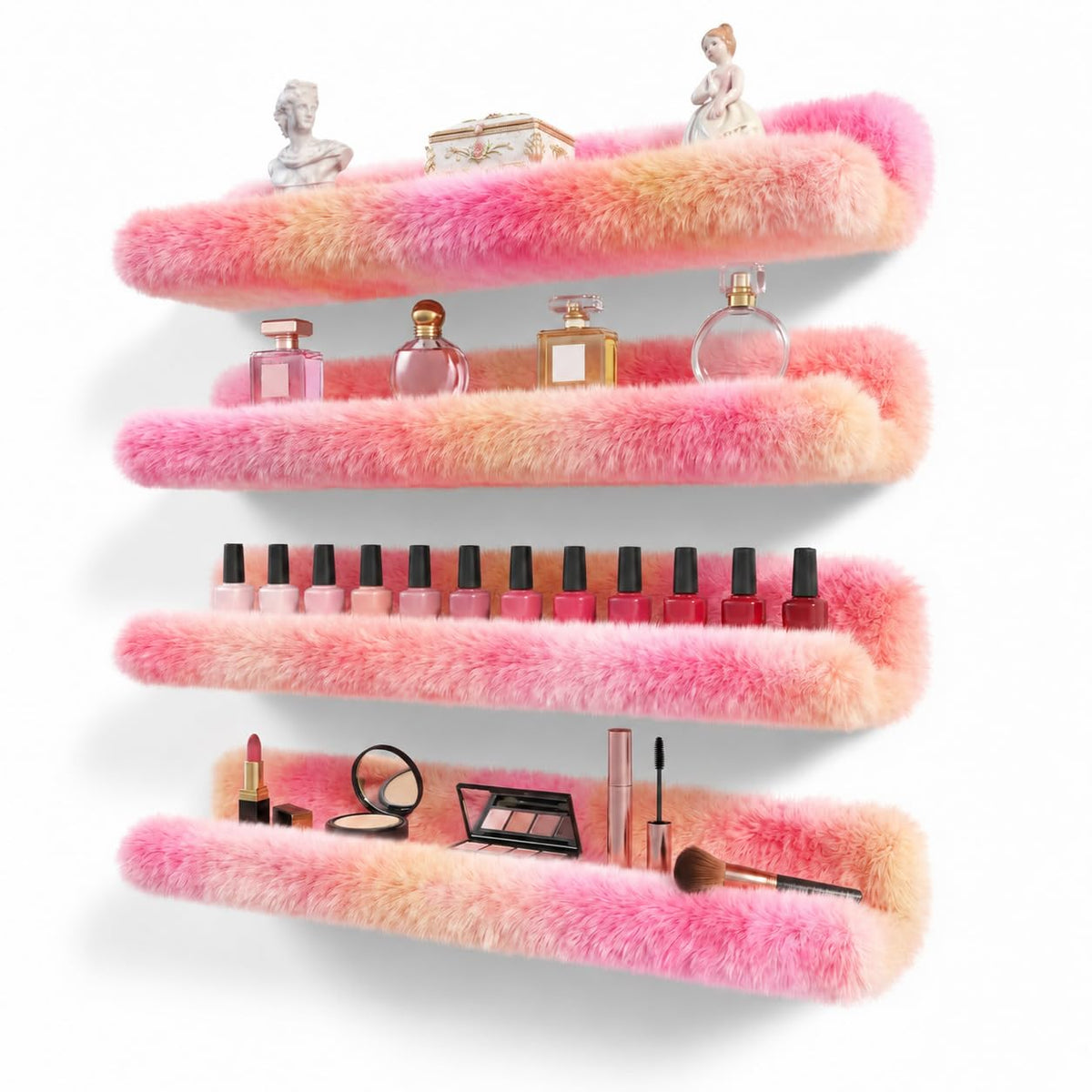 Care&More YJ 15 Inch Nail Polish Shelves, 4-Pack Fuzzy Display Nail Polish Rack for Storing Nail Bottles, Sunglasses, Essential Oils, Plush Soft Pink