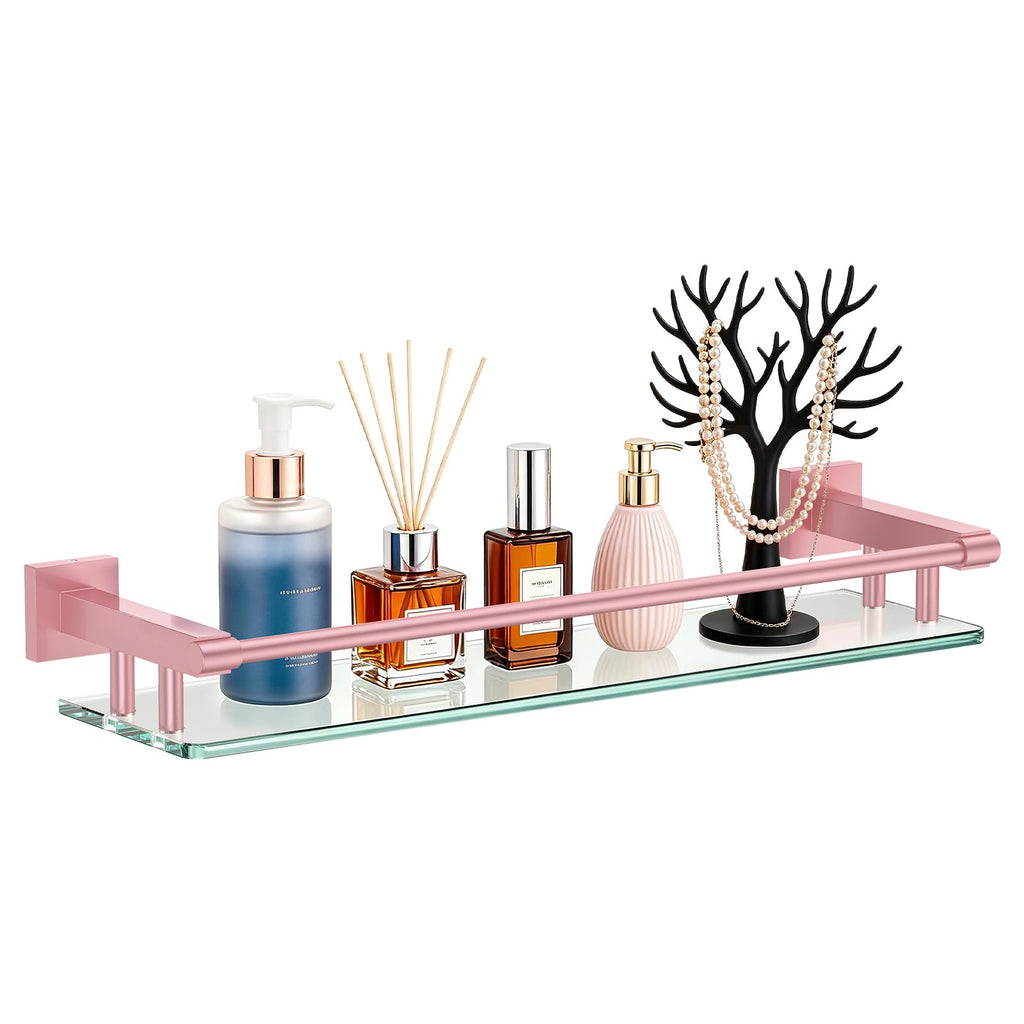 Glass Shelves for Bathroom, 16IN Brushed Nickel Bathroom Shelves for Wall Rectangular Stainless Steel Tempered Glass Modern use for Shelf Sink Over Toilet