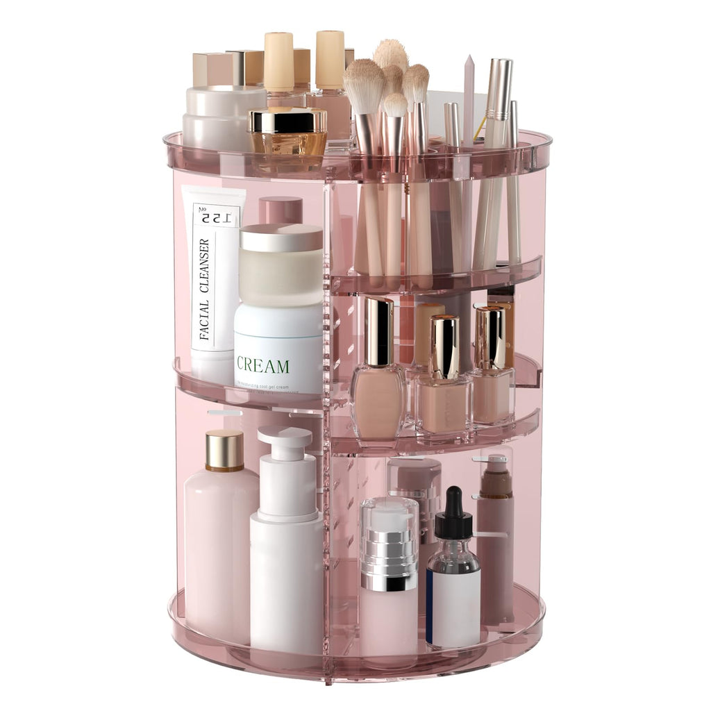 Rotating Makeup Organizer, DIY 8 Adjustable Layers Spinning Skincare Storage, Cosmetic Display Case with Brush Holder and Perfume Tray, Multi-Function Vanity Bathroom Countertop Organizer Clear