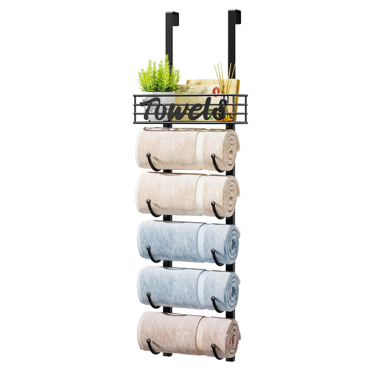 HapiRm Towel Racks for Bathroom Storage - 6 Tier Over The Door & Wall Mount Rolled Towel Storage Organizer Holder with Metal Shelf Basket for Small Bathroom, Camper, Rv - Black, Patented