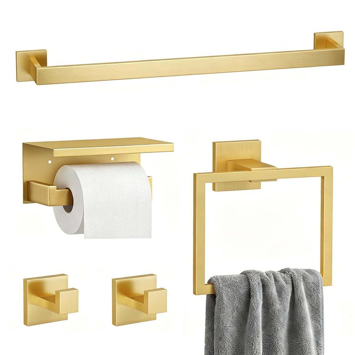 5-Piece Bathroom Hardware Set, 23.6 Inch Towel Bar Set SUS304 Stainless Steel Towel Racks for Bathroom Round Towel Bar, Towel Ring, Toilet Paper Holder, 2 Robe Hooks, Wall Mounted (Black)