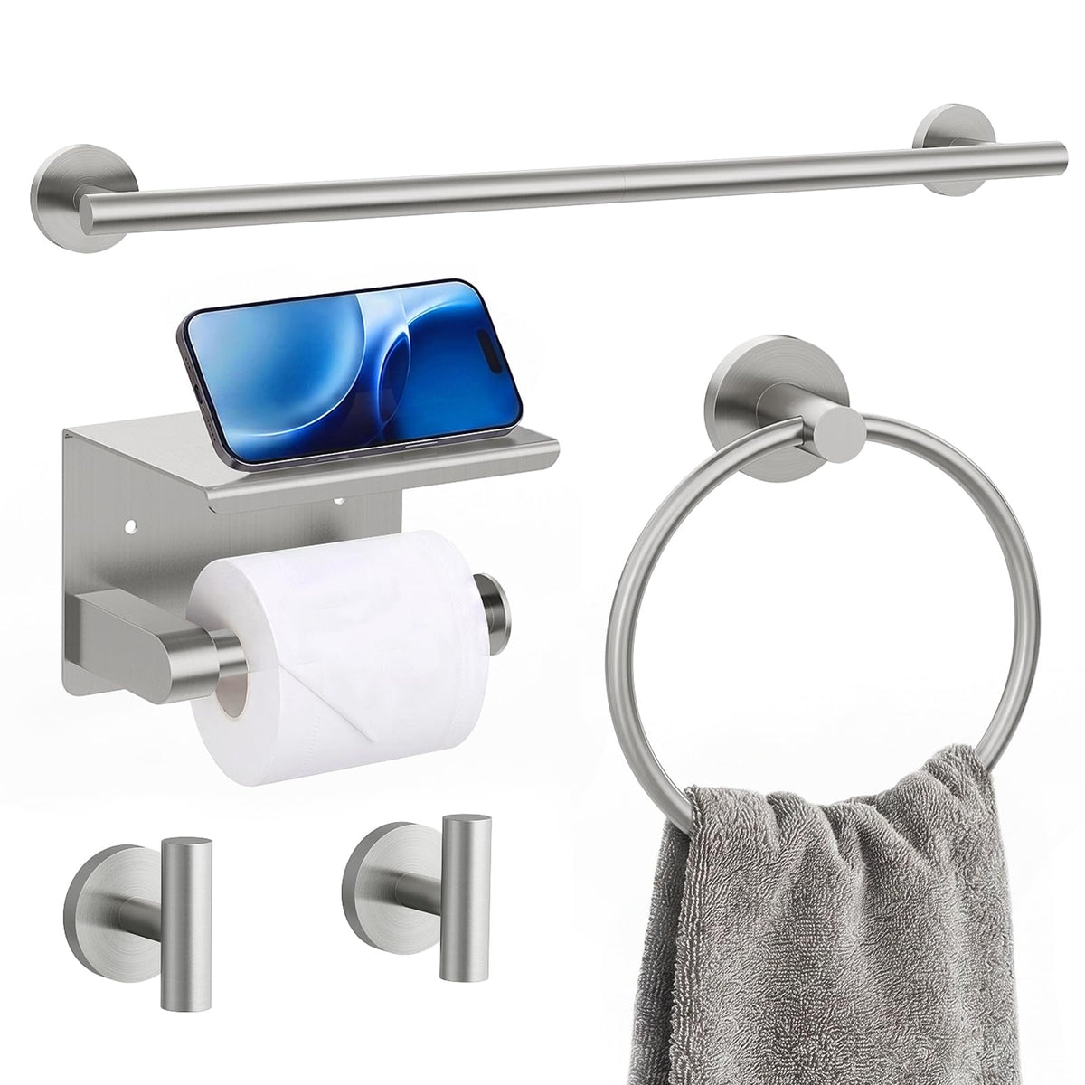 5-Piece Brushed Nickel Bathroom Towel Bar Set,24" Bathroom Hardware Kit