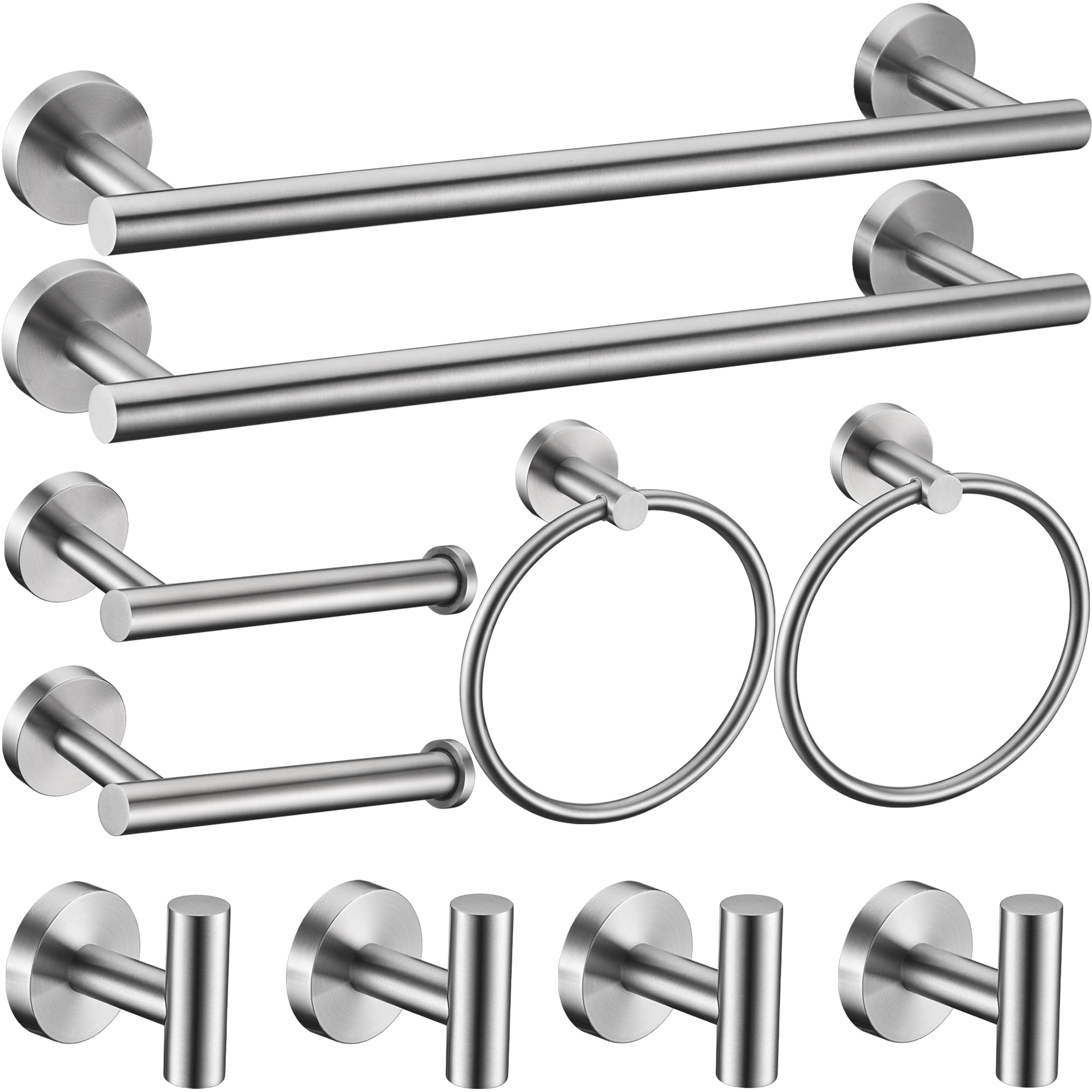 6 Pieces Brushed Nickel Bathroom Hardware Accessories Set Hand Towel Ring 16&23.6 inch Round Towel Bar Silver Toilet Paper Holder Towel Hooks 2 Pieces SUS 304 Stainless Steel,Heavy Duty,Wall Mounted