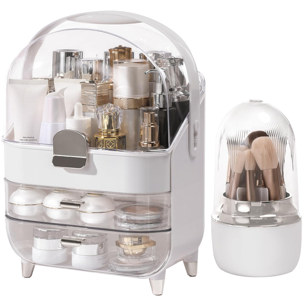 Makeup Organizer for Vanity with Brush Holder, Lid and 2 Drawers, Rose Gold