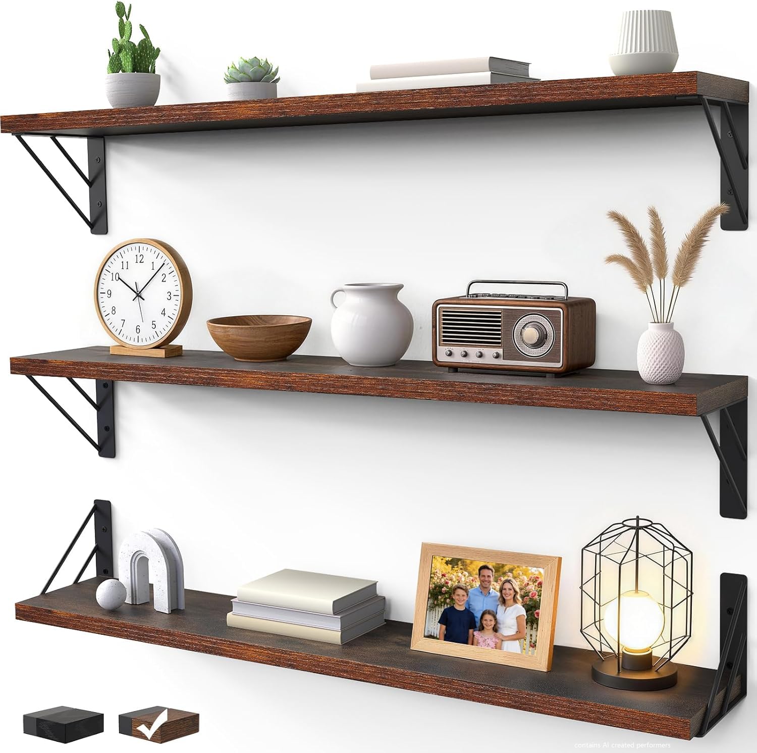 Bayka Wall Shelves for Bedroom Decor, Floating Wall Shelves for Living Room Kitchen Storage, Wall Mounted Rustic Wood Shelves for Kids Books, Small Shelf for Bathroom(Rustic Brown，Set of 3)