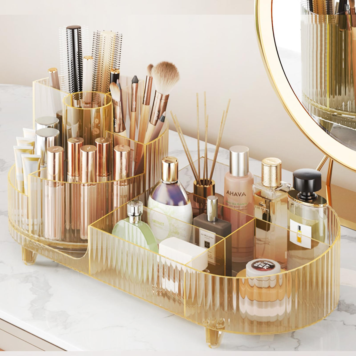 Rotating Makeup Organizer for Vanity with Brush Holder and Drawer, Cosmetic Makeup Storage, Large Spinning Makeup Skincare Organizer, Countertop Makeup Perfume Organizer, Lotions Display Case (Green)
