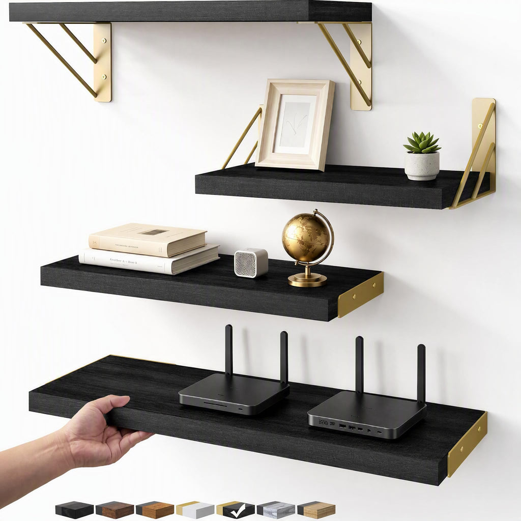 BAYKA Wall Mounted Floating Shelves, Wood Floating Wall Shelf for Books & Decor, Small Space-Saving Display & Organizer（Black，Set of 4）