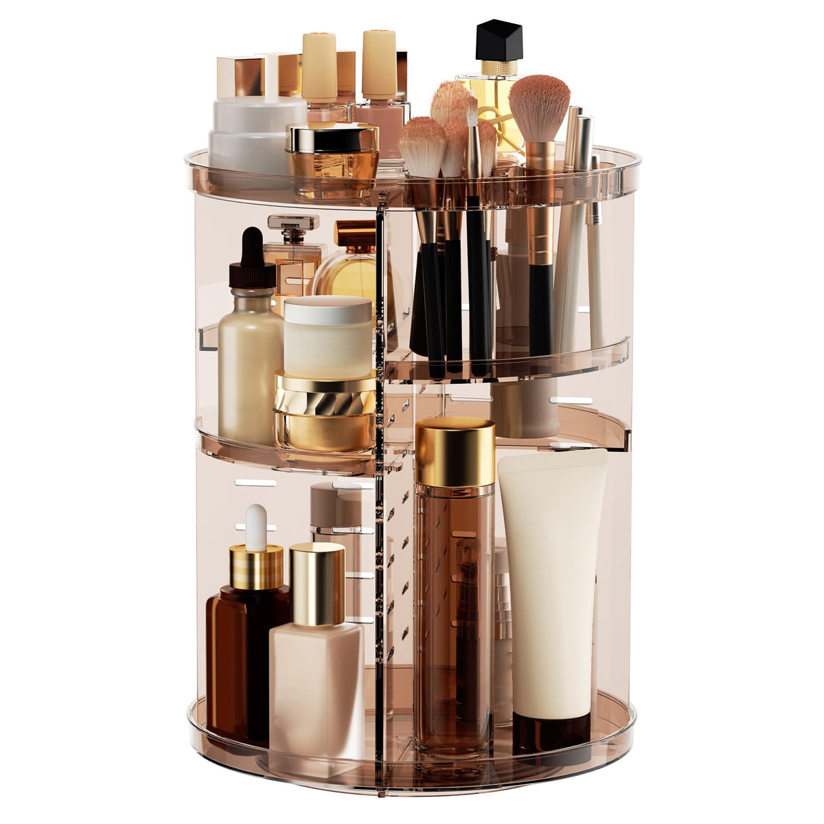 Rotating Makeup Organizer, DIY 8 Adjustable Layers Spinning Skincare Storage, Cosmetic Display Case with Brush Holder and Perfume Tray, Multi-Function Vanity Bathroom Countertop Organizer Clear