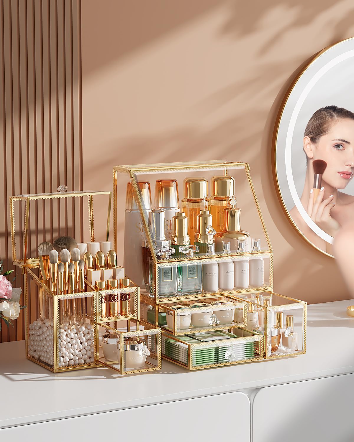 CoralHouse Glass Makeup Organizer with Brush Holder for Vanity