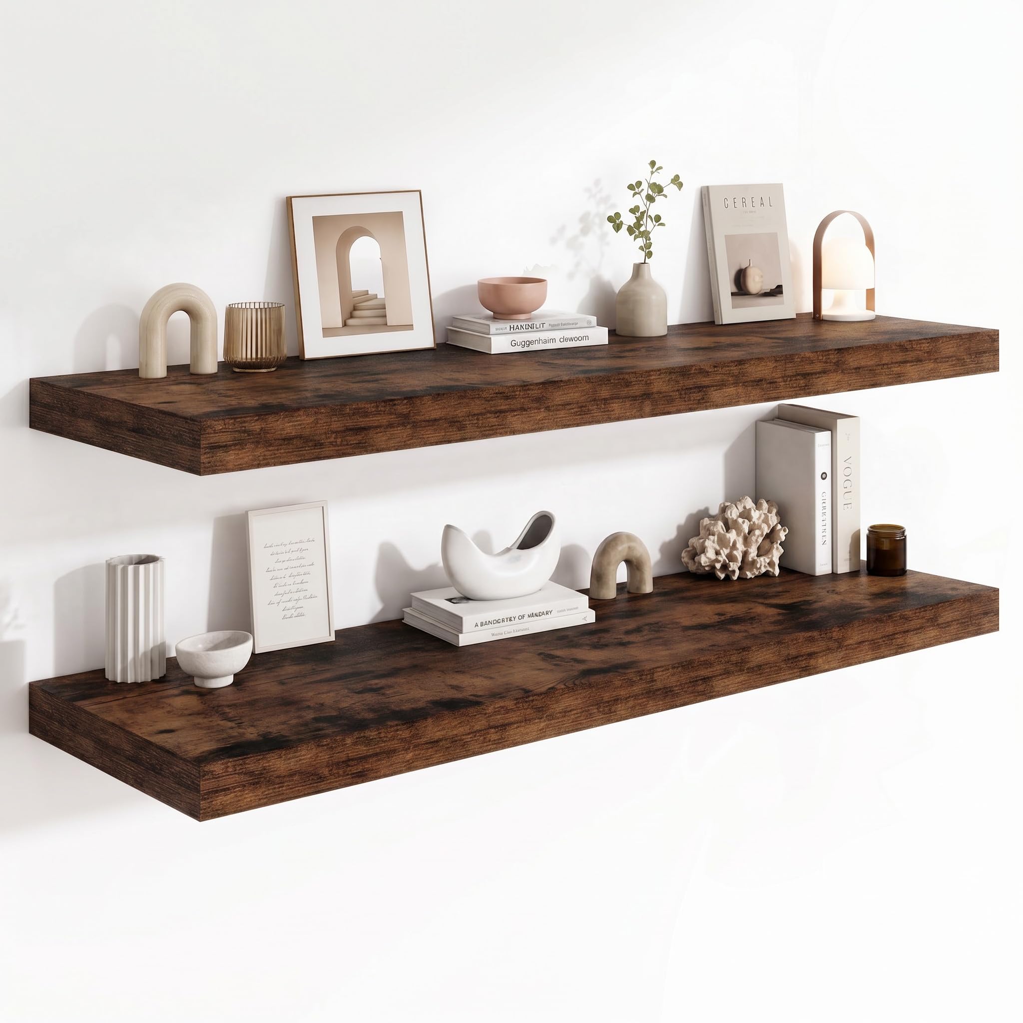 Deep Floating Shelves for Wall, 12 Inch Wide Small Wall Shelves Set of 2, 2 Inch Thick Invisible Wall Mounted Shelves for Bathroom Bedroom Nursery,Walnut Color