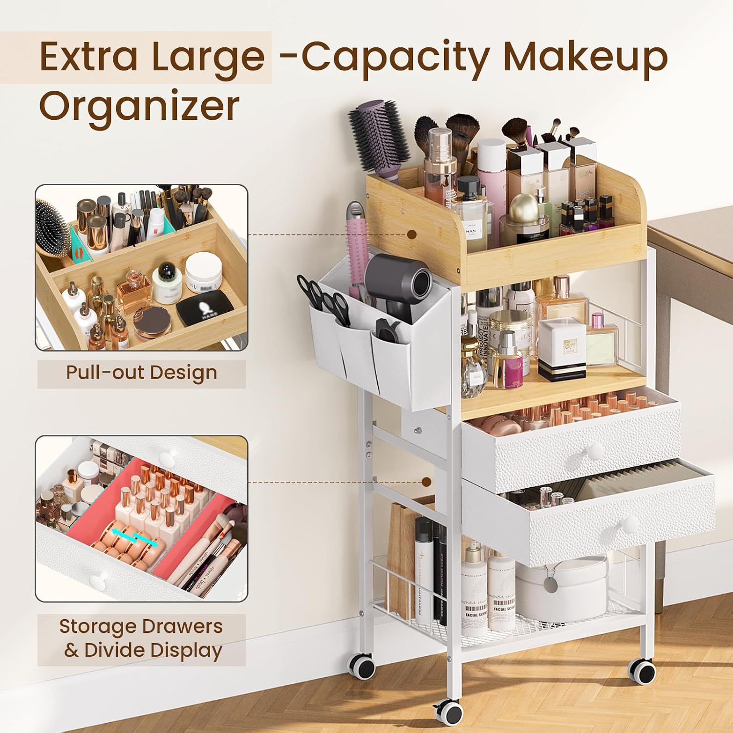 Snughome Makeup Organizer, Floor Skincare Organizers Cart with Drawers