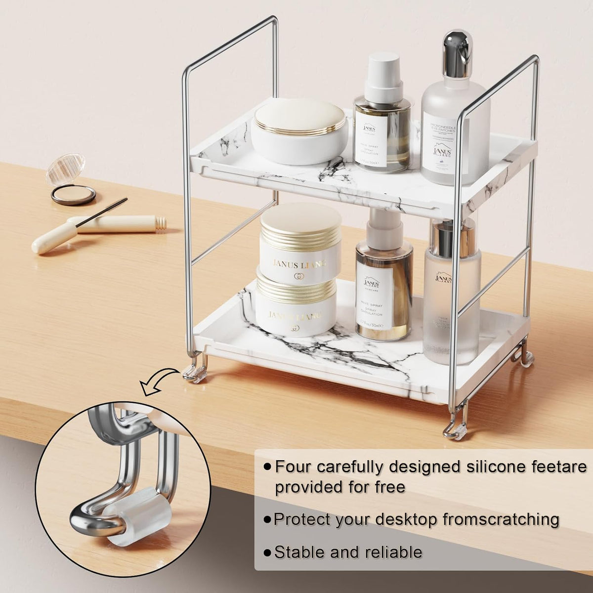 2-Tier Bathroom Organizer Countertop Perfume Makeup Shelf Cosmetics Storage Shelf Display Rack Vanity Dresser,Kitchen Spice Rack,Plastics Imitation Marble Design,Tool-Less Install(Sliver)