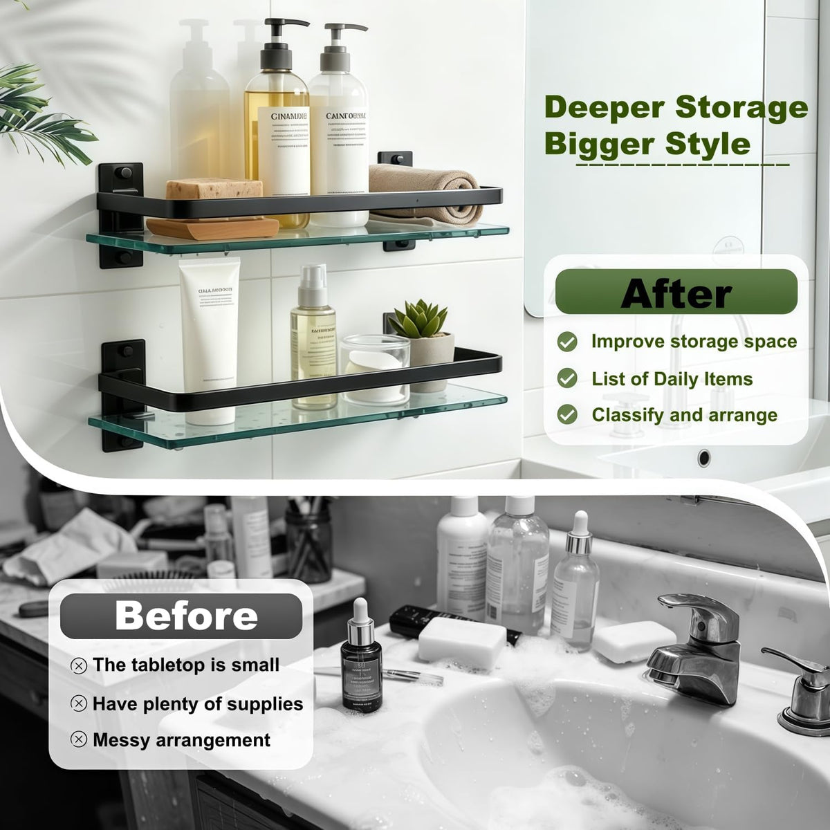 Bathroom Glass Shelf 15.7" Black Wall-Mounted, Floating Metal Storage Rack
